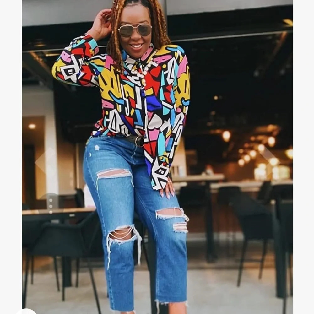 Big Dart Multicolored Abstract Art Deco Button-Up… - image 3